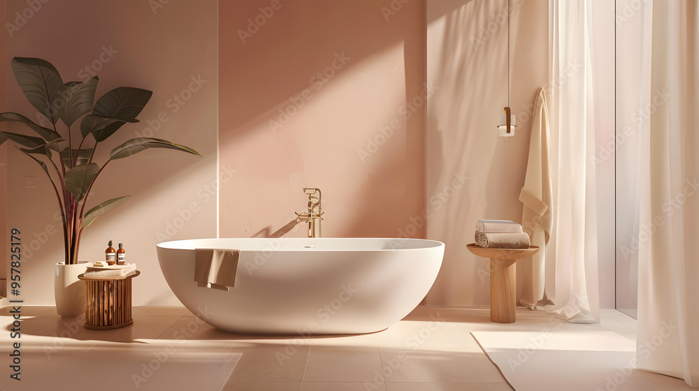 Sleek Modern Bathroom with Freestanding Bathtub. Sleek Modern Bathroom with Freestanding Bathtub.