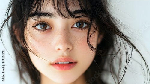 Closeup of Elegant Asian Woman with Curtain Bangs in Natural Light