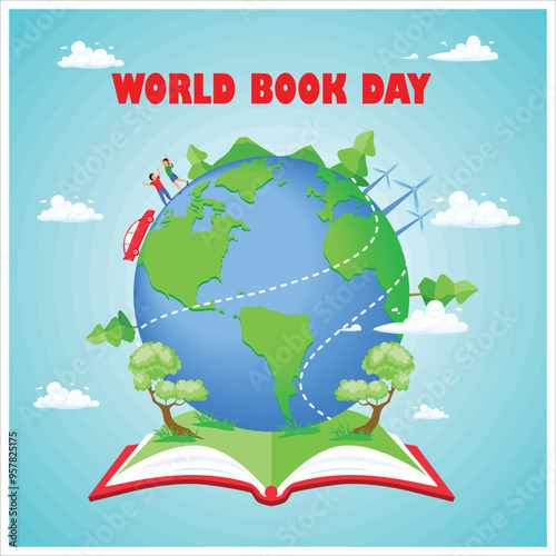 Open book and globe. The importance of all knowledge that emerges from a book. World Book Day concept. Flat vector illustration.