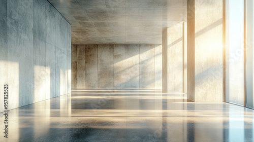 spacious, minimalist concrete interior bathed in natural sunlight, creating a serene atmosphere. The interplay of light and shadow evokes a sense of calm, openness, and possibility, symbolizing new be