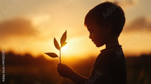 A silhouette of a child holding a small plant against a beautiful sunset, symbolizing hope and growth in nature.