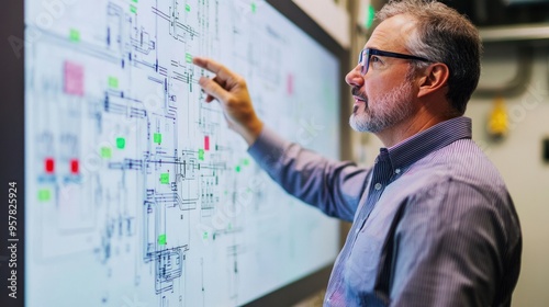 A cybersecurity expert presenting strategies to protect the electrical grid, complex diagrams on a whiteboard,