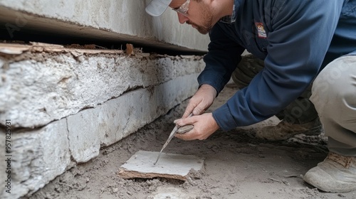 A detailed foundation inspection, showing an inspector examining the concrete, crawl space, and basement for cracks, moisture, and stability issues -