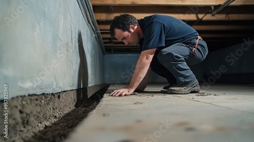A detailed foundation inspection, showing an inspector examining the concrete, crawl space, and basement for cracks, moisture, and stability issues -