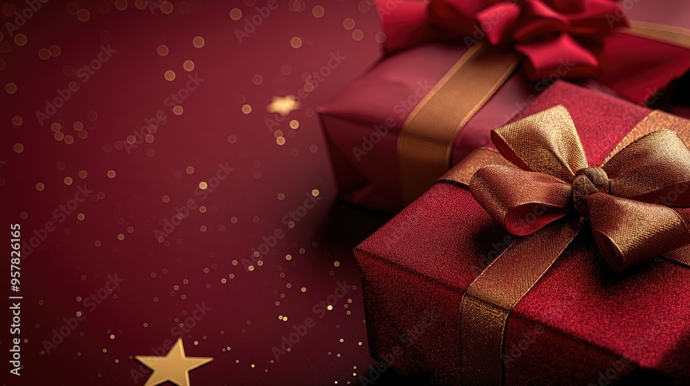 Festive Red Gift Boxes with Elegant Bows on Glittering Background Festive Red Gift Boxes with Elegant Bows on Glittering Background