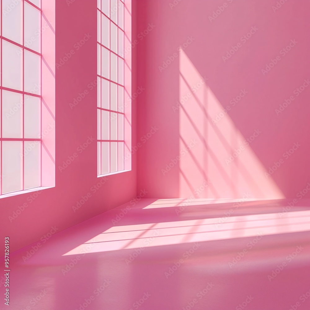 Fototapeta premium 07240954 287. Bright pink studio space with sunlight casting dynamic shadows across the floor and walls, perfect for showcasing cosmetics, beauty products, or fashion items in a summery, minimalist