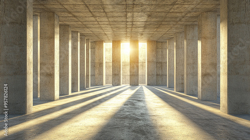 spacious, minimalist concrete interior bathed in natural sunlight, creating a serene atmosphere. The interplay of light and shadow evokes a sense of calm, openness, and possibility, symbolizing new be