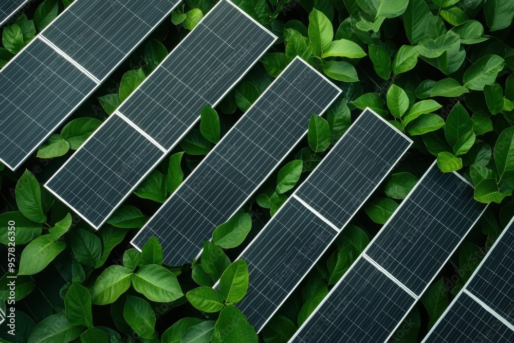 Fototapeta premium Aerial view of solar panels surrounded by lush green leaves, illustrating sustainable energy and eco-friendly technology.