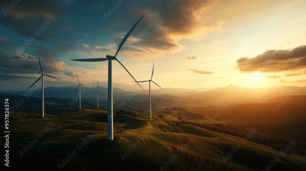 Obraz premium Breathtaking landscape featuring multiple wind turbines against a stunning sunset backdrop with rolling hills in the distance.