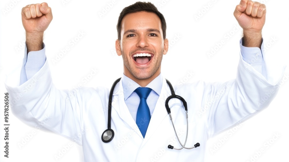 Jubilant Male Doctor Celebrating Success with Raised Arms Jubilant Male Doctor Celebrating Success with Raised Arms