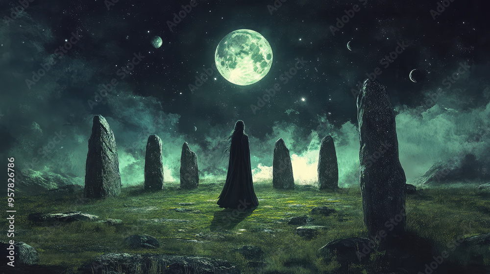 A captivating depiction of a witch before a stone circle, where moonlight illuminates magical symbols. A captivating depiction of a witch before a stone circle, where moonlight illuminates magical symbols.