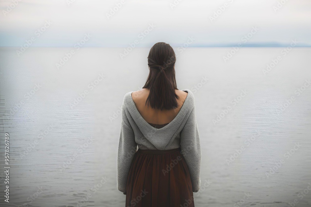 静かな水面を見つめている女性の後ろ姿