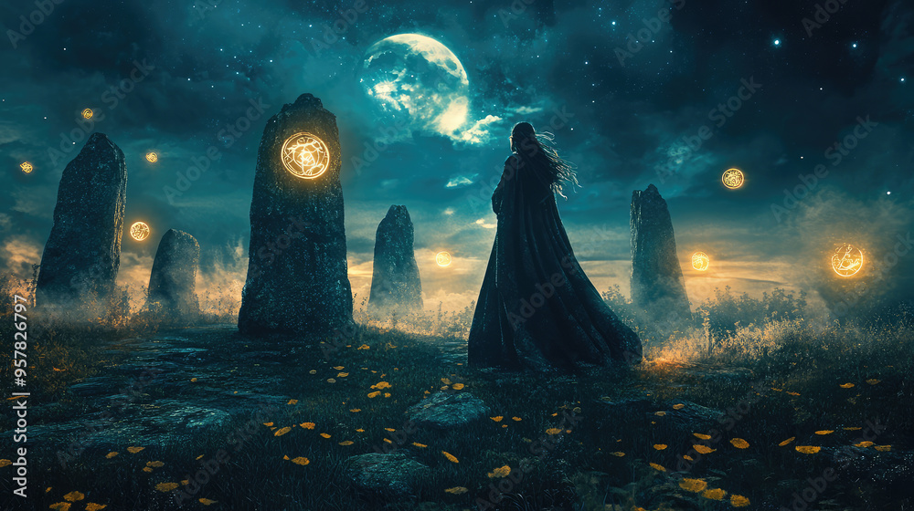 A mystical visual of a witch standing before an ancient stone circle, with moonlight revealing glowing magical symbols. A mystical visual of a witch standing before an ancient stone circle, with moonlight revealing glowing magical symbols.