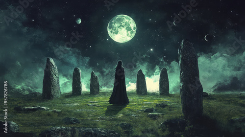 A captivating depiction of a witch before a stone circle, where moonlight illuminates magical symbols.