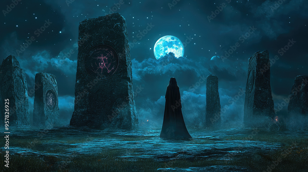An enchanting image of a witch standing before an ancient stone circle, with moonlight illuminating magical symbols. An enchanting image of a witch standing before an ancient stone circle, with moonlight illuminating magical symbols.