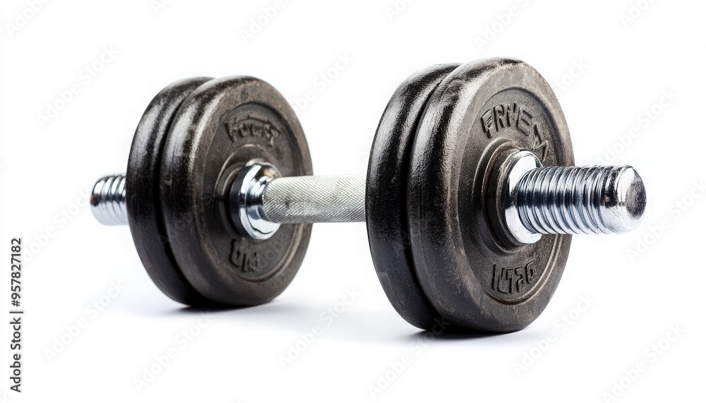 A close-up view of a black dumbbell isolated on a white background, ideal for fitness and exercise-themed designs. A close-up view of a black dumbbell isolated on a white background, ideal for fitness and exercise-themed designs.
