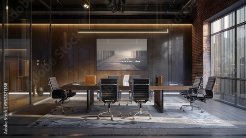 A large, rectangular conference table crafted from polished wood, accommodating multiple people, with built-in ports for technology and a central document holder photo