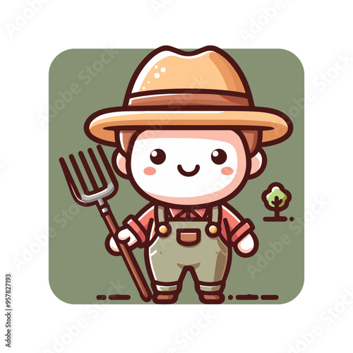 a farmer with a straw hat and holding a pitchfork