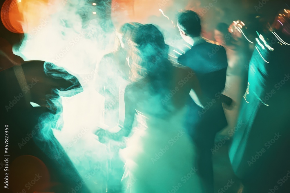 Long exposure wedding party photograph with double exposure effects, dreamy cinematic film look, teal and orange disco lights, smoke-filled air Long exposure wedding party photograph with double exposure effects, dreamy cinematic film look, teal and orange disco lights, smoke-filled air