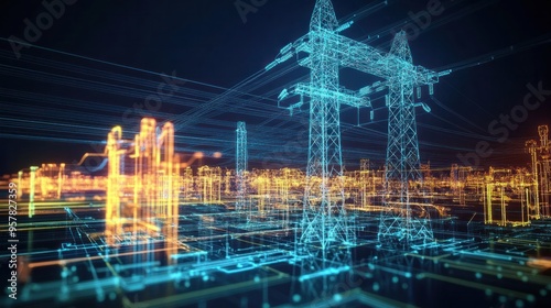 A dynamic visualization of high voltage direct current (HVDC) flow, digital models displaying power transmission,