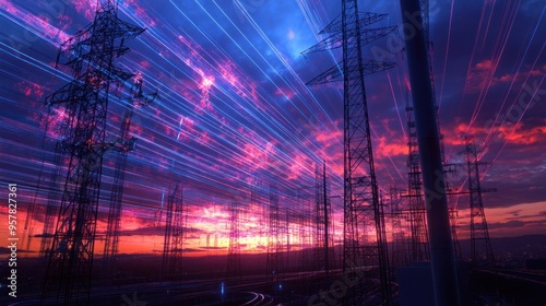 A dynamic visualization of high voltage direct current (HVDC) flow, digital models displaying power transmission,