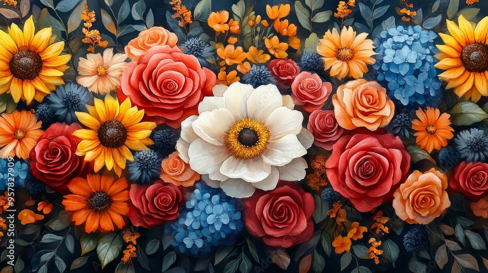 Fototapeta premium Bright and striking watercolor painting of a bouquet of peonies, sunflowers, roses, lilies, hydrangeas, salvias and marigolds. Each flower is precisely drawn with rich colors.