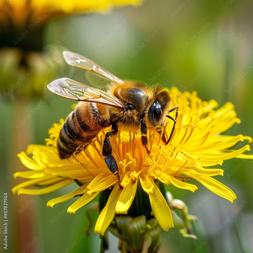 07240954 319. Macro view of a bee alighting on a vibrant yellow dandelion in an April meadow in Germany, highlighting the delicate textures and colors of both the bee and the flower 07240954 319. Macro view of a bee alighting on a vibrant yellow dandelion in an April meadow in Germany, highlighting the delicate textures and colors of both the bee and the flower