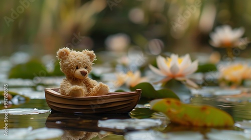 A toy bear drifting in a little boat on a calm pond with water lilies photo