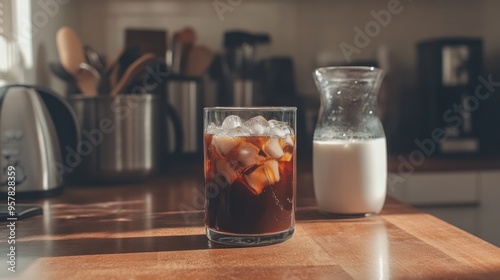 A kitchen counter setup with cold brew concentrate, water, ice cubes, and a splash of milk