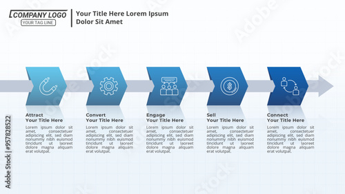 Five Steps Infographic Timeline with Editable Text on a 16:9 Layout for Business Presentations, Management, and Evaluation.