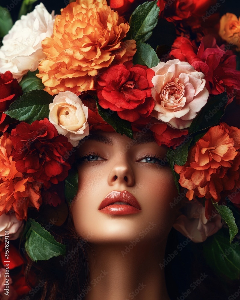 A stunning portrait of a woman adorned with a vibrant floral headpiece, showcasing beauty and nature's elegance. A stunning portrait of a woman adorned with a vibrant floral headpiece, showcasing beauty and nature's elegance.