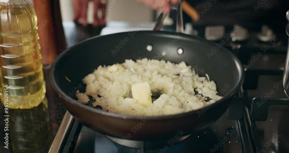 Cooking, meal and hands of man in kitchen for recipe, culinary skills and pan on stove. Person, butter and rice in dish for preparation, risotto process and chef in home for private class in cuisine Cooking, meal and hands of man in kitchen for recipe, culinary skills and pan on stove. Person, butter and rice in dish for preparation, risotto process and chef in home for private class in cuisine