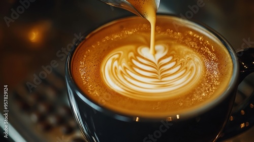 Barista skillfully pouring hot milk into espresso to create exquisite latte art. This image has rich colors and sharp details, perfect for coffee shops and food content. photo