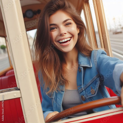 27 Happy Woman Driving Red Tram Isolated Izobrajenie 2 iz 4 photo