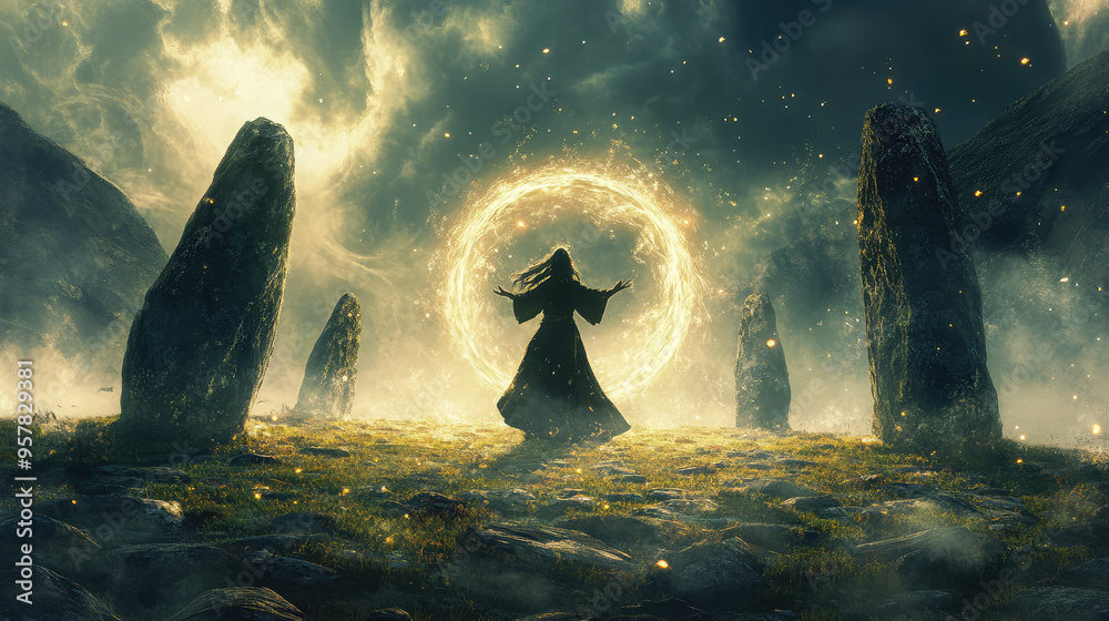 A mesmerizing image of a witch engaged in a ritual inside a stone circle, enveloped by glowing ethereal light and swirling magical energy. A mesmerizing image of a witch engaged in a ritual inside a stone circle, enveloped by glowing ethereal light and swirling magical energy.