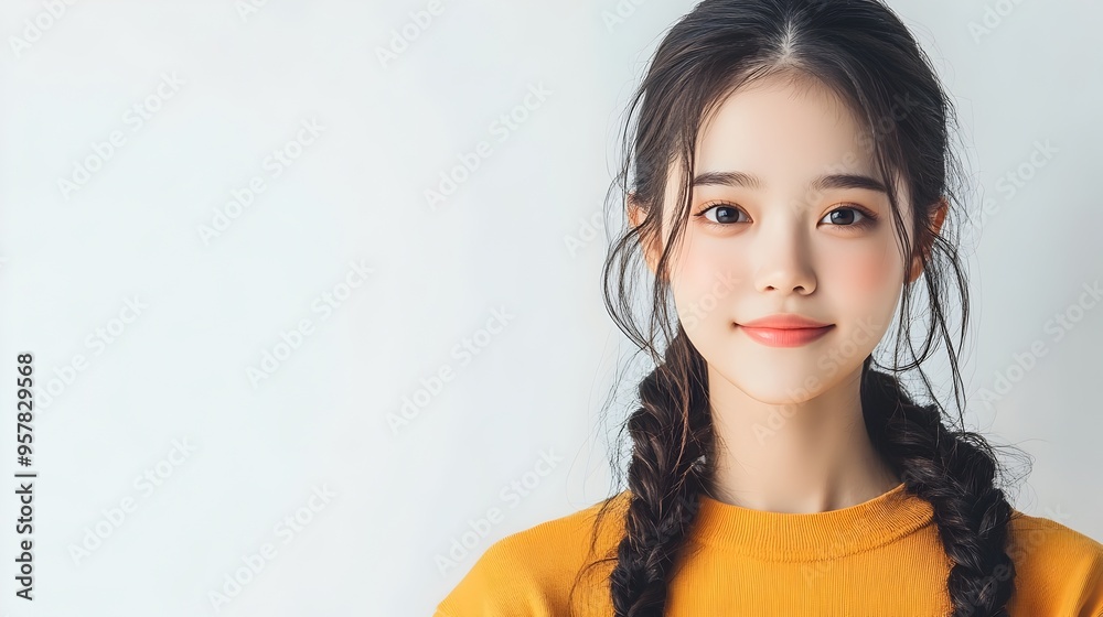 Fashionable Asian Woman in Casual Outfit with Side Braid on White Background Fashionable Asian Woman in Casual Outfit with Side Braid on White Background