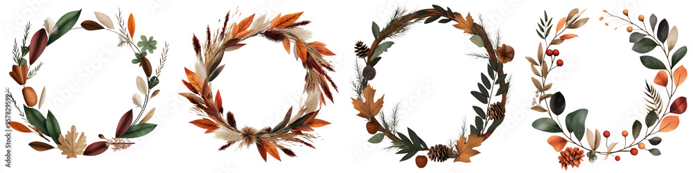 Naklejka premium A collection of elegant autumn wreaths made from colorful leaves, perfect for home decor and seasonal celebrations.