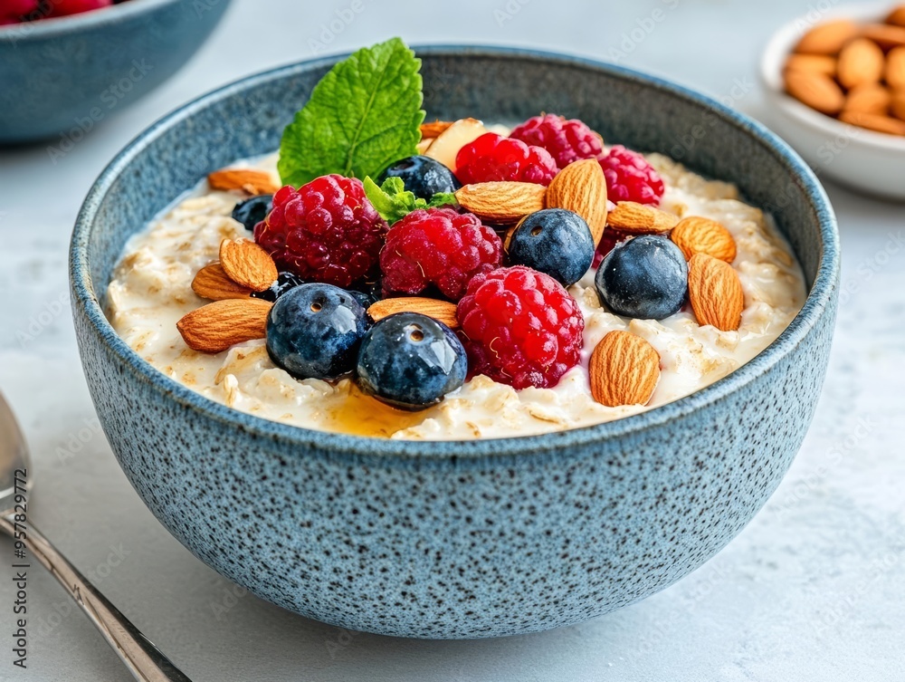 A vibrant bowl of oatmeal topped with fresh berries and almonds, perfect for a healthy breakfast or snack. A vibrant bowl of oatmeal topped with fresh berries and almonds, perfect for a healthy breakfast or snack.