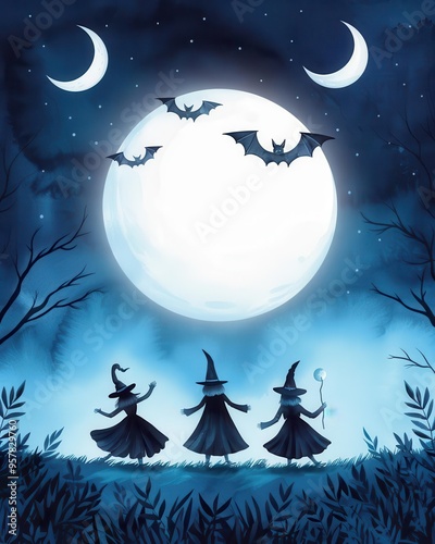 Flying witches frame, silhouettes against the moon, dark sky, ample space for text, Watercolor style