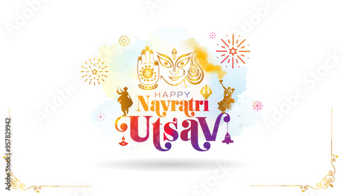 Happy Navratri Utsav, Durga Puja dandiya dance, fireworks and festive celebration background.