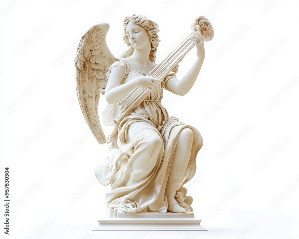 Fototapeta premium Elegant angel statue playing a harp, representing music and beauty in a serene, classical style.