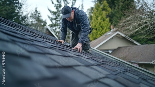 A roof inspection in progress, with an inspector carefully examining the shingles, gutters, and overall roof structure, highlighting potential areas of concern photo