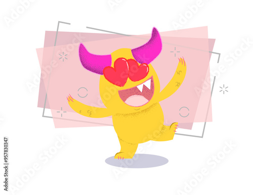 Cheerful cartoon monster with hearts instead of eyes dancing. Love concept. Vector illustration can be used for topics like party invitation, Valentines day, romance