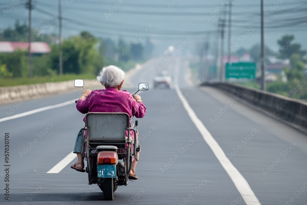 Obraz premium Elderly Thai Woman from Chiang Mai Riding an Electric Tricycle on a Large Highway Captured from Behind During Daytime, Emphasizing Journey and Independence on Expansive Road