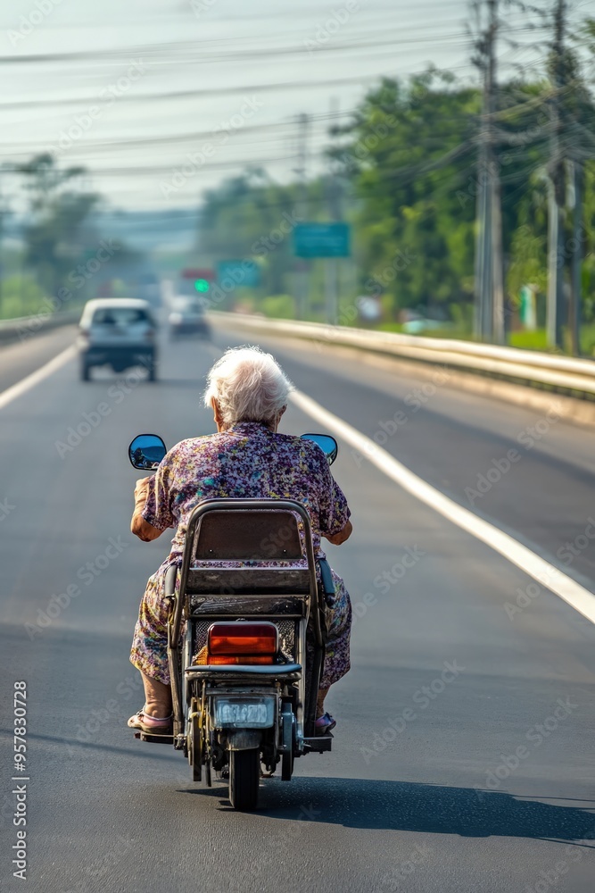 Obraz premium Elderly Thai Woman from Chiang Mai Riding an Electric Tricycle on a Large Highway Captured from Behind During Daytime, Emphasizing Journey and Independence on Expansive Road