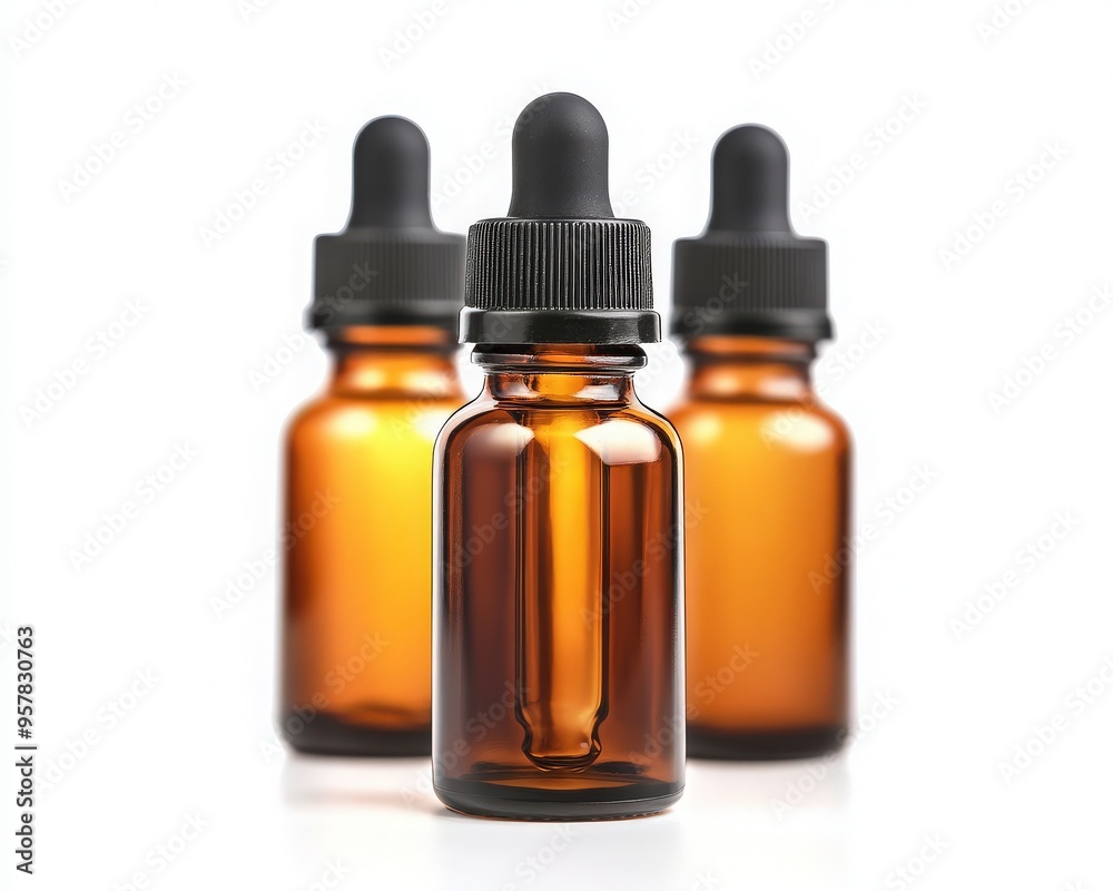 Three amber glass dropper bottles, perfect for essential oils or herbal extracts, showcasing elegant design and versatility. Three amber glass dropper bottles, perfect for essential oils or herbal extracts, showcasing elegant design and versatility.