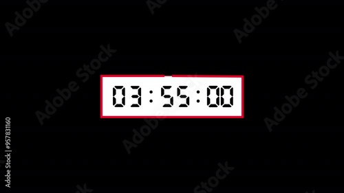Digital 4 minutes countdown animation, four minutes timer countdown animation on black background, animated 4 minute digital timer countdown.