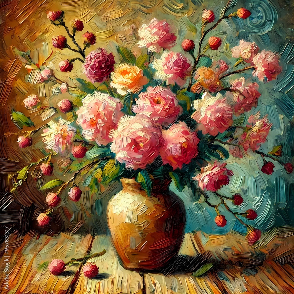 The beautiful rose lychee flowers in a rustic vase on the wooden table, in painting art, expressive and vibrant technique The beautiful rose lychee flowers in a rustic vase on the wooden table, in painting art, expressive and vibrant technique