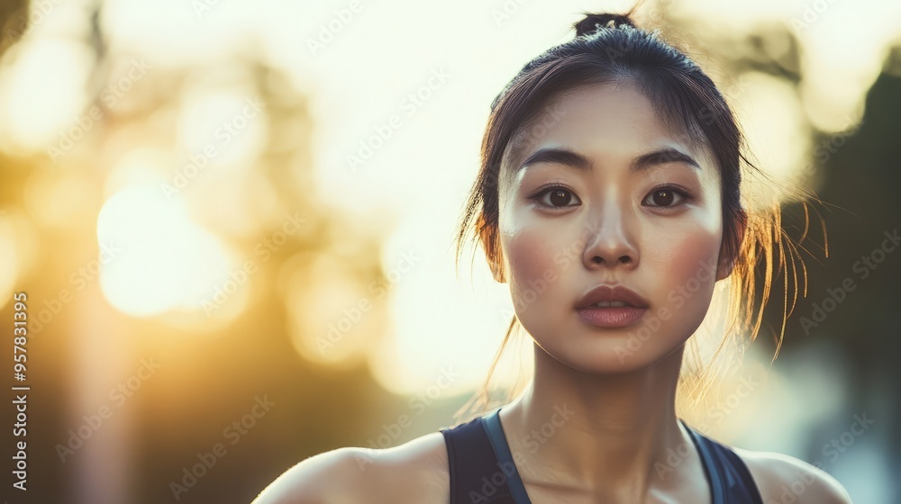 Portrait of Asian Woman Athlete with Determined Expression and Athletic Physique Against Blurry Daylight Background, Highlighting Strength, Confidence, and Dedication in a Serene, Energizing Portrait of Asian Woman Athlete with Determined Expression and Athletic Physique Against Blurry Daylight Background, Highlighting Strength, Confidence, and Dedication in a Serene, Energizing