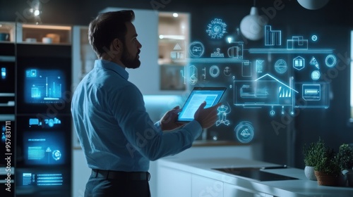 A smart home inspection scene with an inspector using advanced technology to assess smart devices, automation systems, and security features in a high-tech home